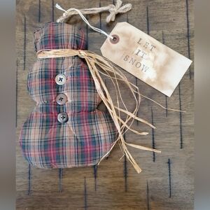 Primitive Grungy Snowman Ornament 7.5" Tea Stained Plaid Homespun Country Decor